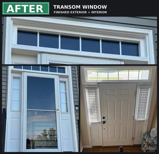 Completed exterior and interior view of a transom window project